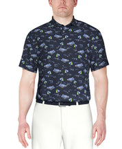 PGA TOUR Mens Athletic fit Short Sleeve Polo Shirt Large Blue Beach Pattern