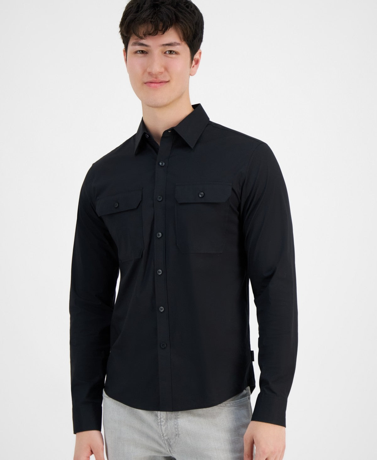 Michael Kors Mens Slim fit Long Sleeve Button-Up Shirt XL Black Solid