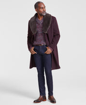 Tayion Collection Mens Regular fit Overcoat Coat 40 R Wine Red Fur Collar