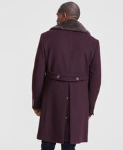 Tayion Collection Mens Regular fit Overcoat Coat 40 R Wine Red Fur Collar