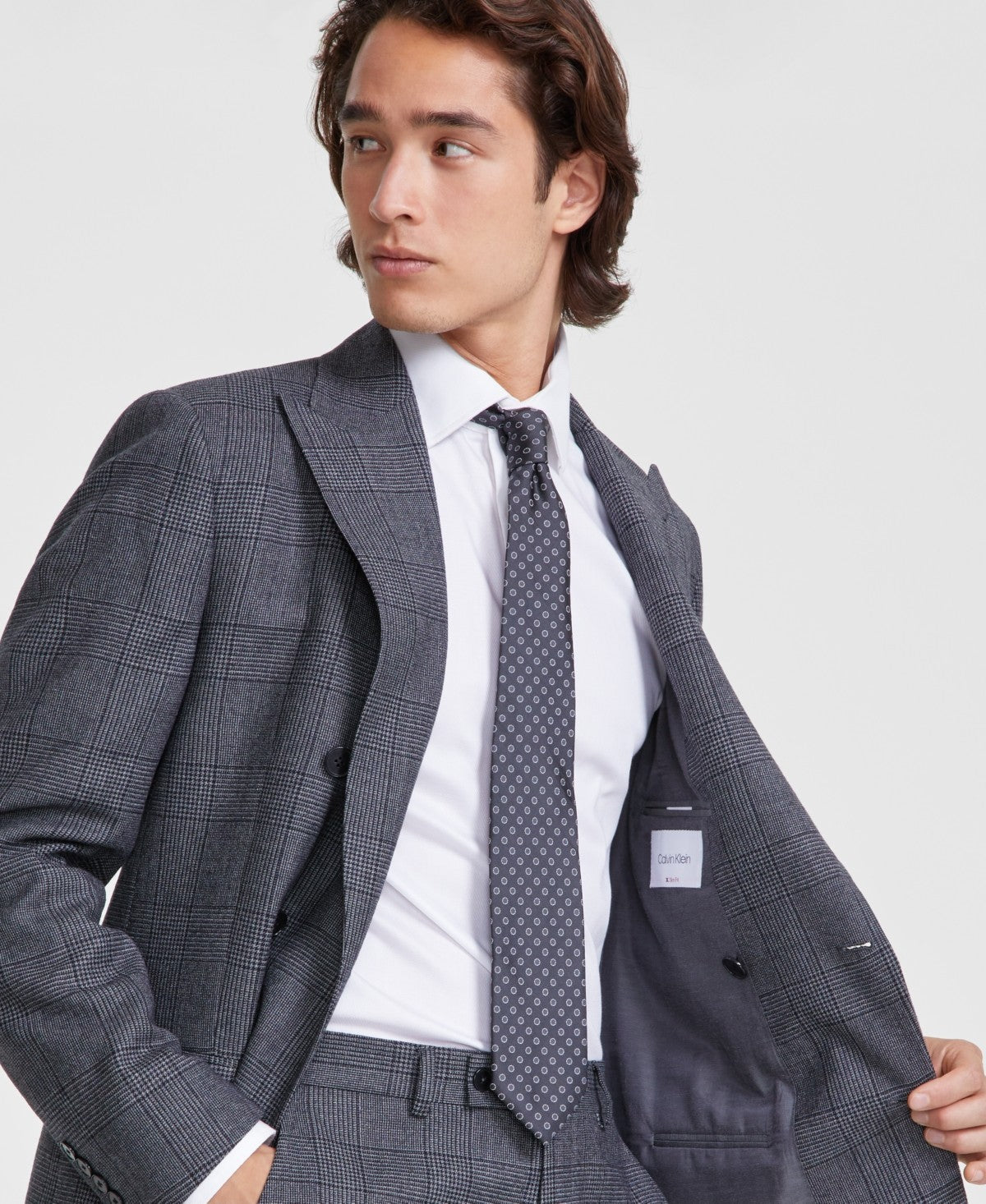 Calvin Klein Mens Slim fit Double Breasted Suit Jacket Blazer 38 R Grey Plaid