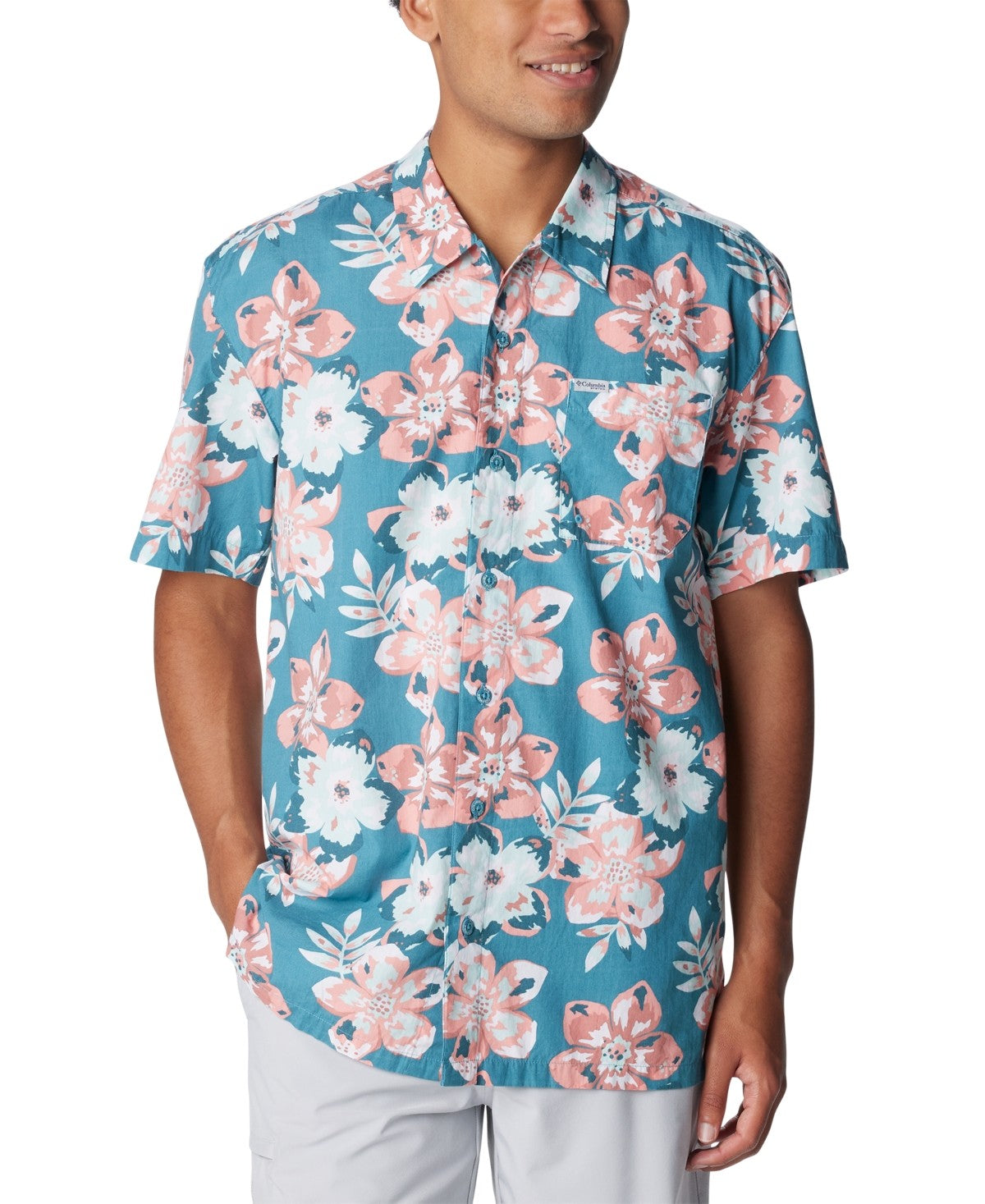 Columbia Mens Regular fit Short Sleeve Button-Up Shirt Small Blue Pink Floral