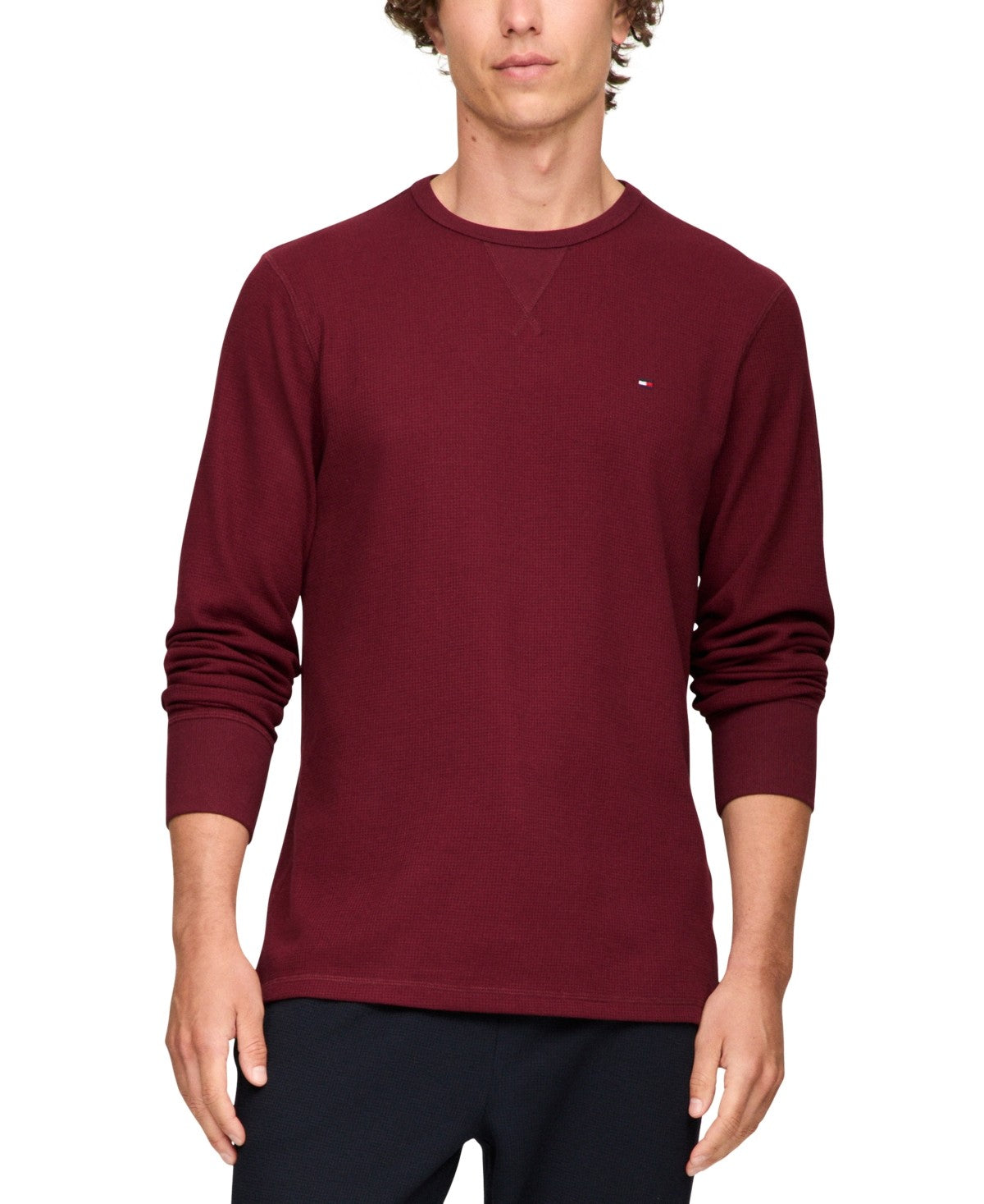 Tommy Hilfiger Mens Waffle Knit Long Sleeve Crewneck T-Shirt Port XL