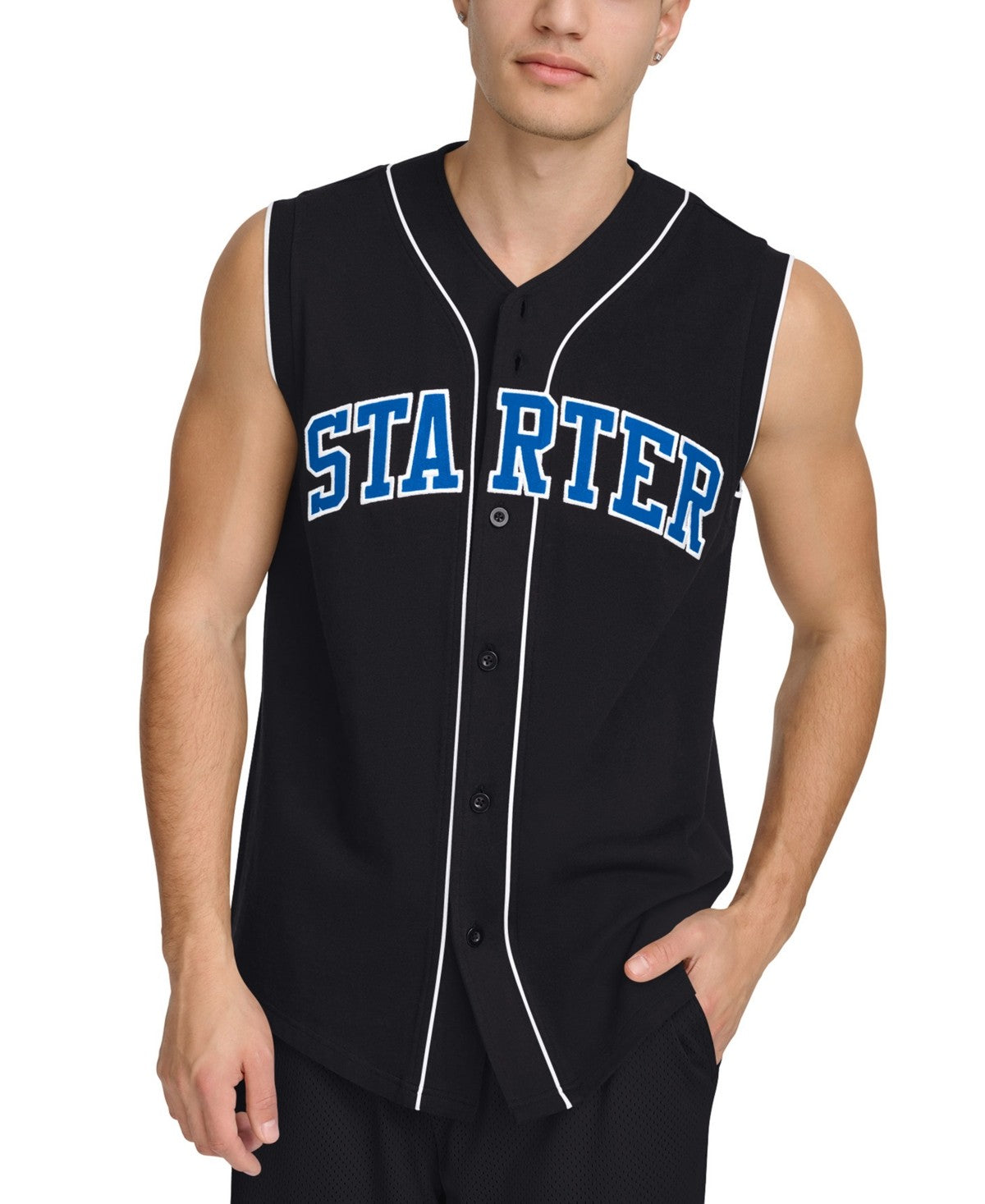 Starter Mens Regular fit Sleeveless Button-Up Shirt Medium Black Solid