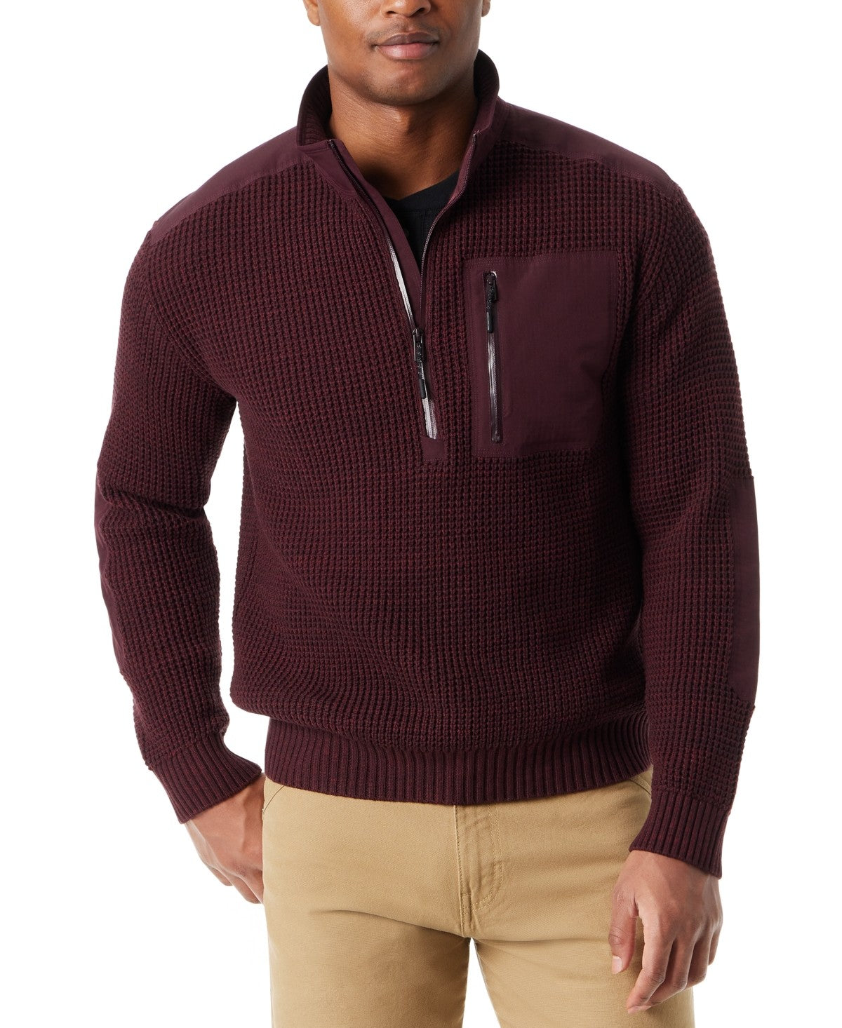 Bass Outdoor Mens Regular Fit Quarter Zip Patch Sweater Coat Jacket Brown Medium