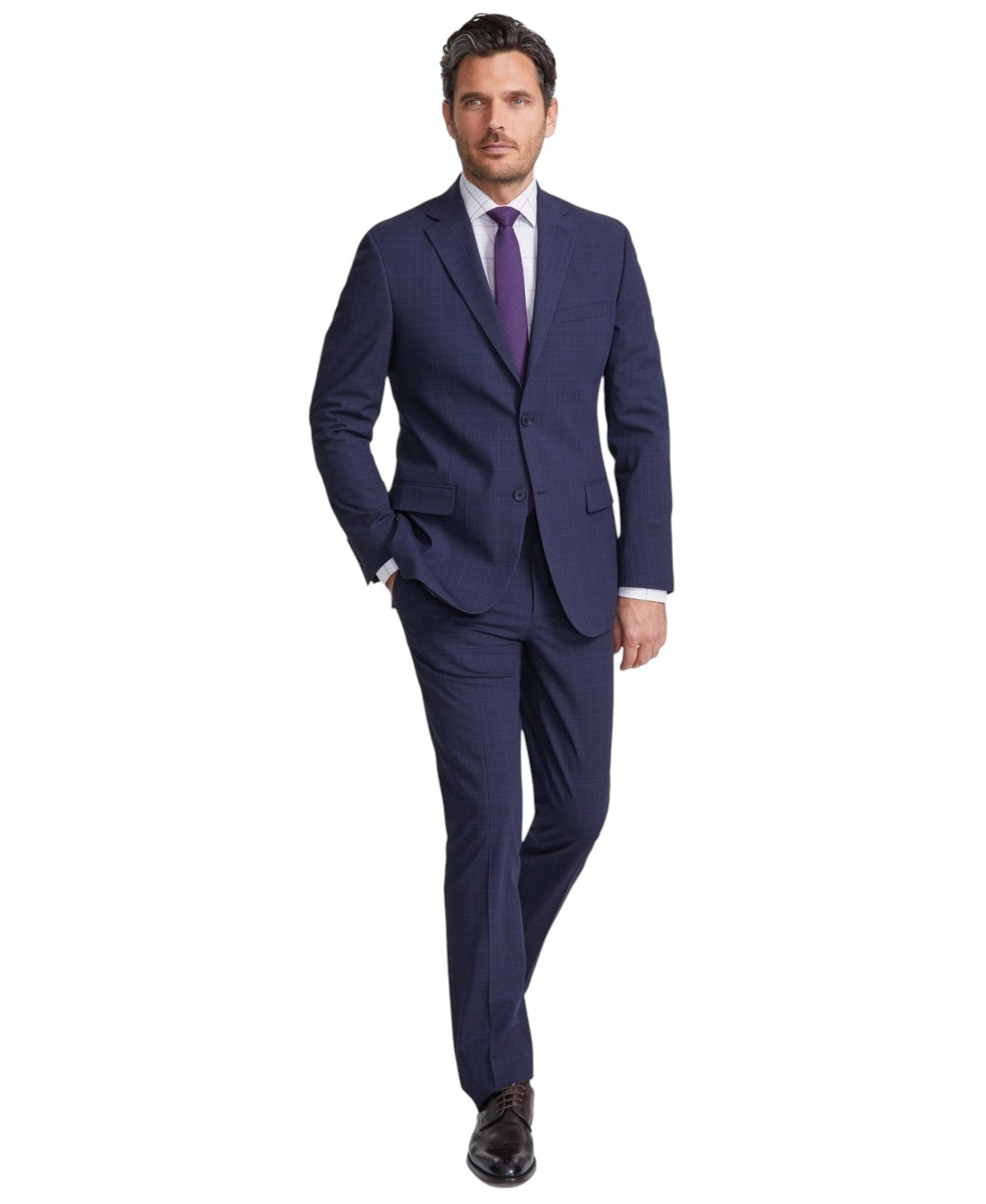 Dkny Mens Modern fit 2 Piece Suit 44 L / 37 Waist Navy Blue Plaid Stretch