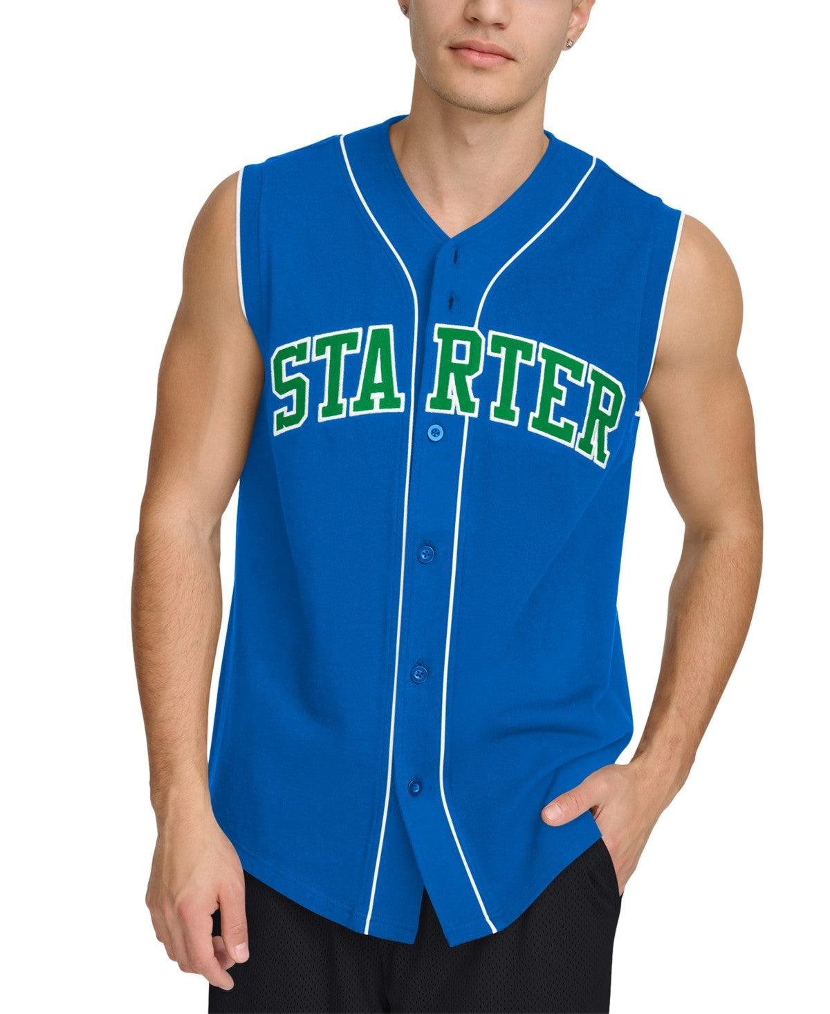Starter Mens Regular fit Sleeveless Button-Up Shirt Medium Blue