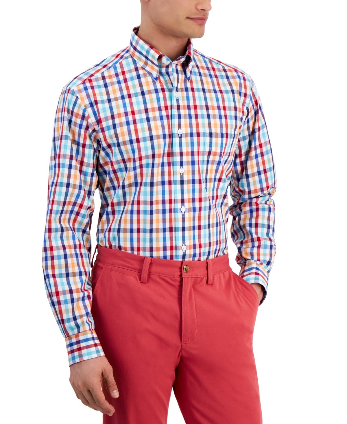 Club Room Mens Regular fit Dress Shirt XL 17.5 in 36-37 Red White Blue Check