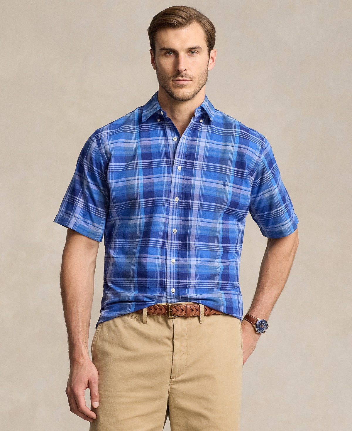 Polo Ralph Lauren Mens Regular fit Short Sleeve Button-Up Shirt XLT Blue Plaid
