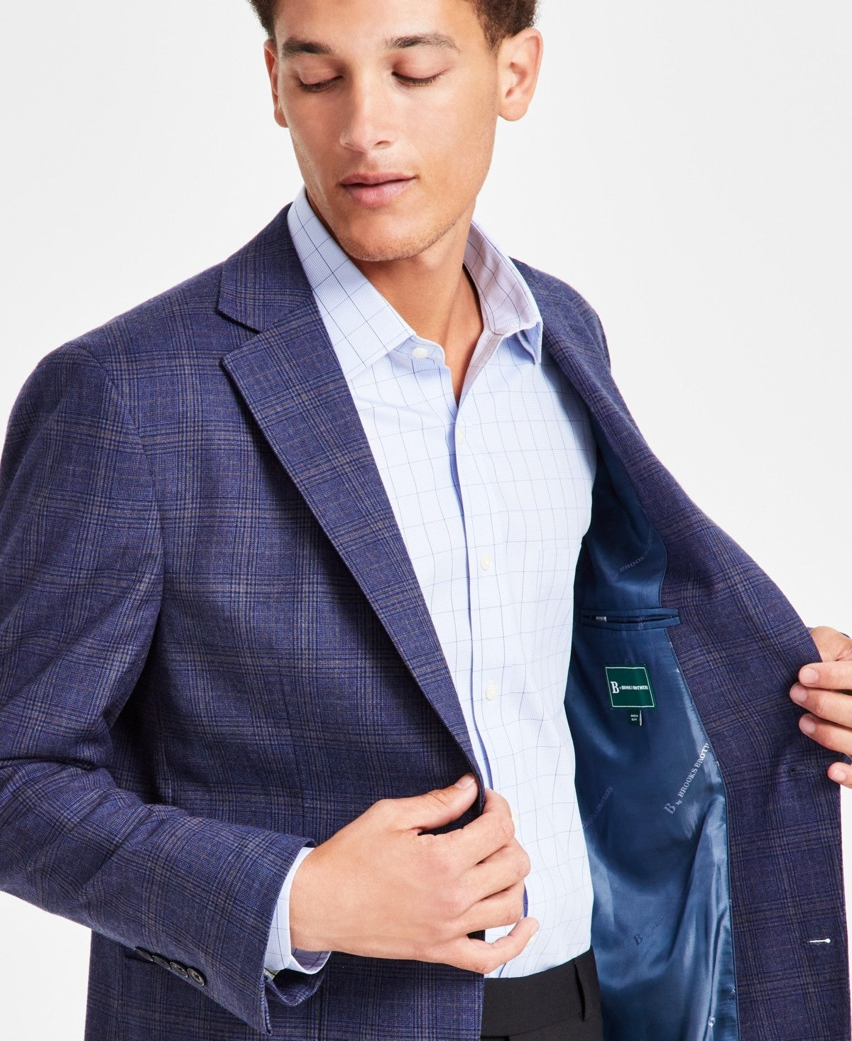 Brooks Brothers Mens Classic fit Sport Coat Blazer 40 R Navy Blue Plaid Stretch