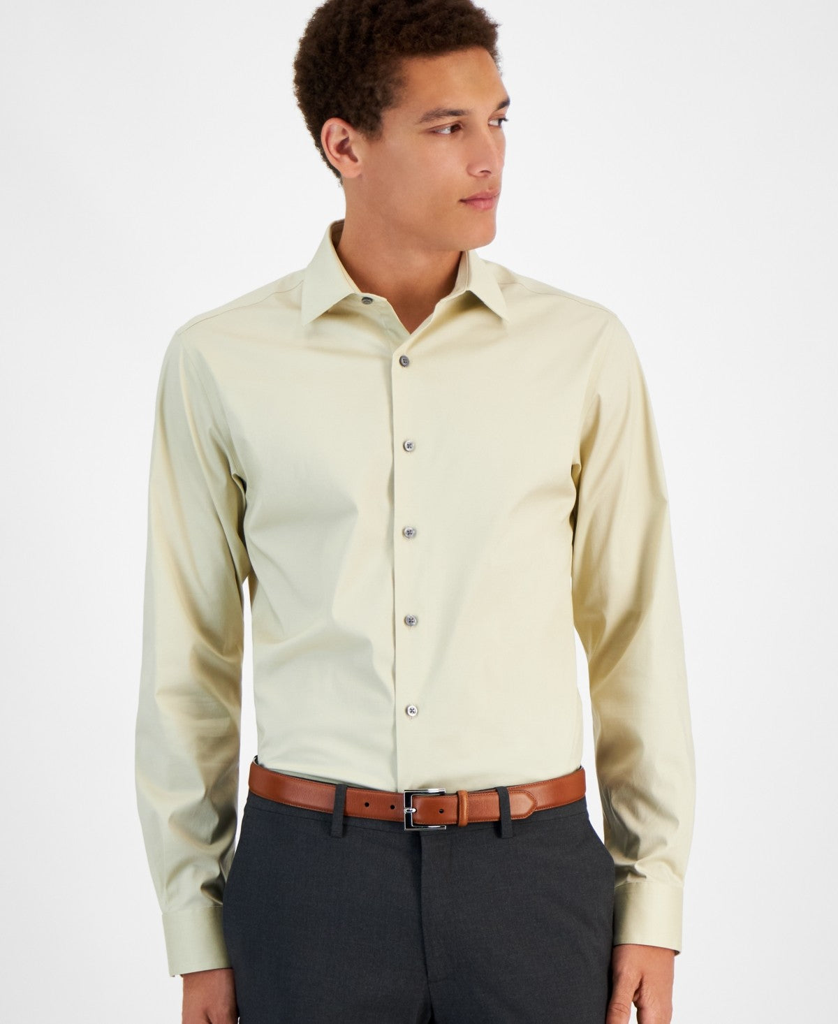 Alfani Mens Slim fit Dress Shirt Small 14-14.5 32-33 Beige Solid, Men's