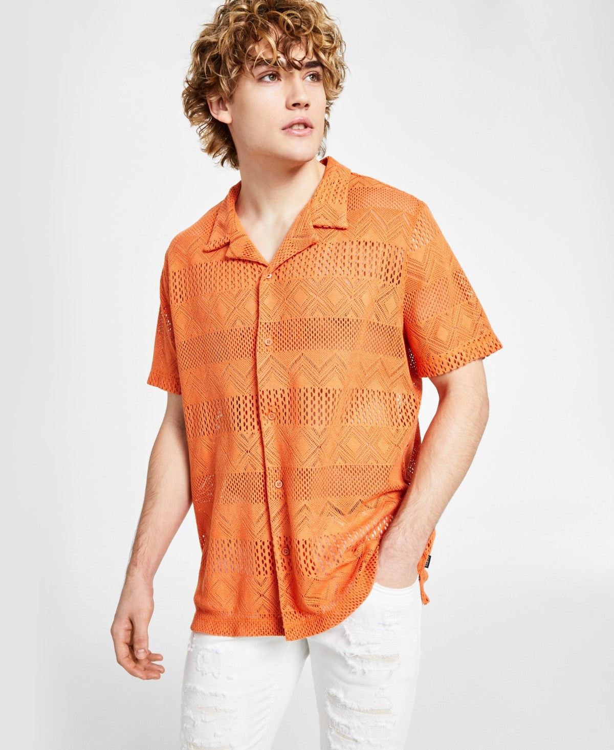 Guess Mens Regular fit Short Sleeve Button-Up Shirt Small Orange Solid