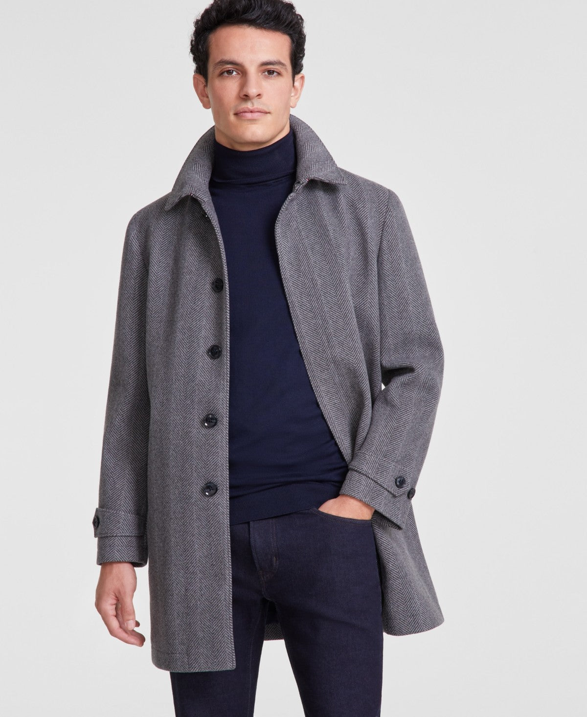 Tommy Hilfiger Mens Classic fit Overcoat Coat 48 R Grey Herringbone