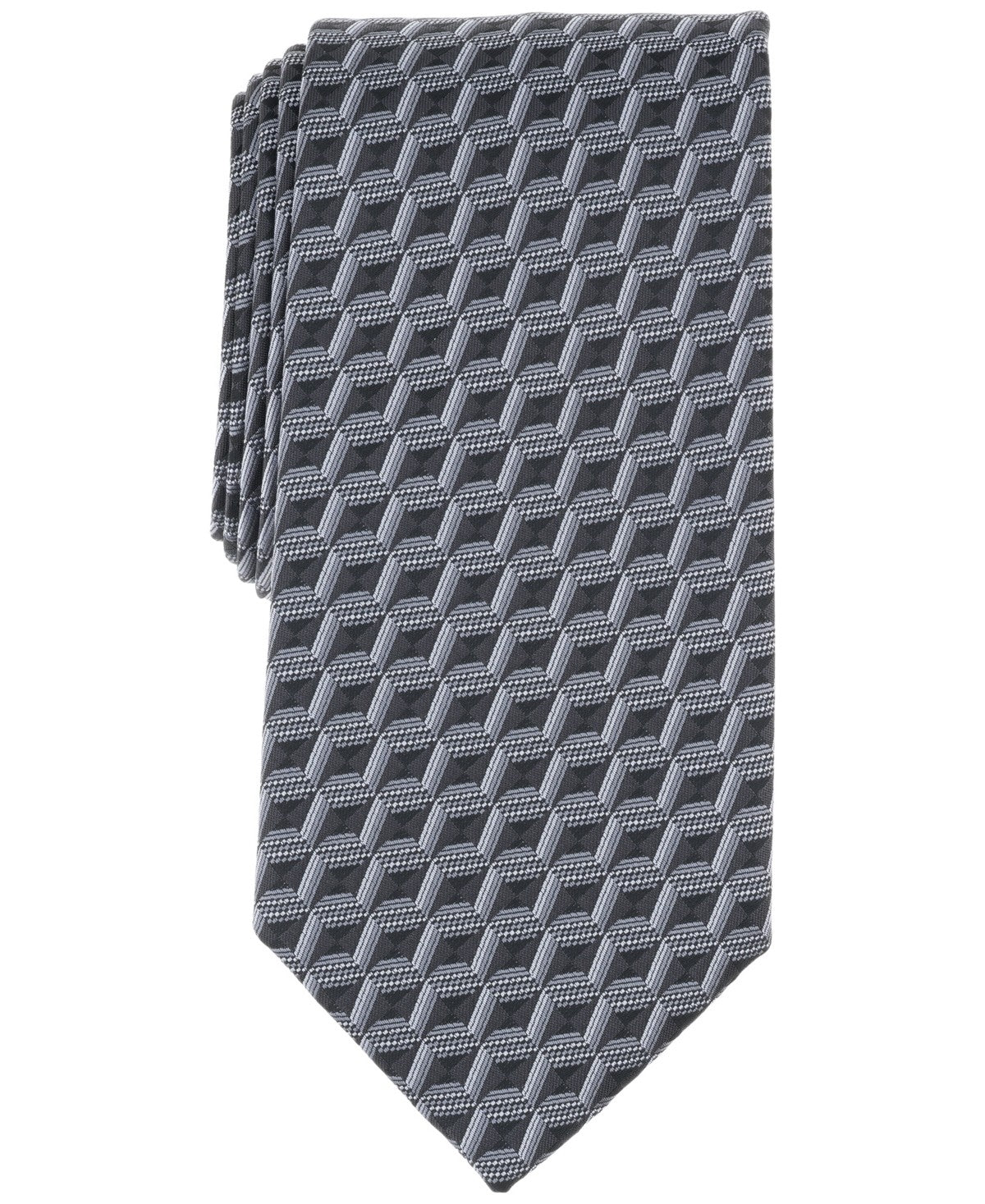 Perry Ellis Mens Barone Geo-Pattern Neck Tie Black Charcoal Grey