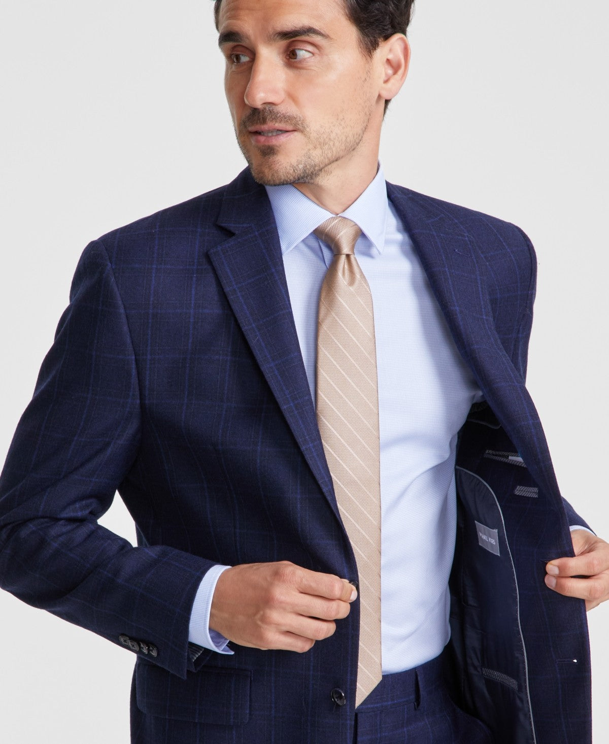Michael Kors Mens Classic Wool Suit Jacket Blazer 40 S Navy Blue Plaid Stretch