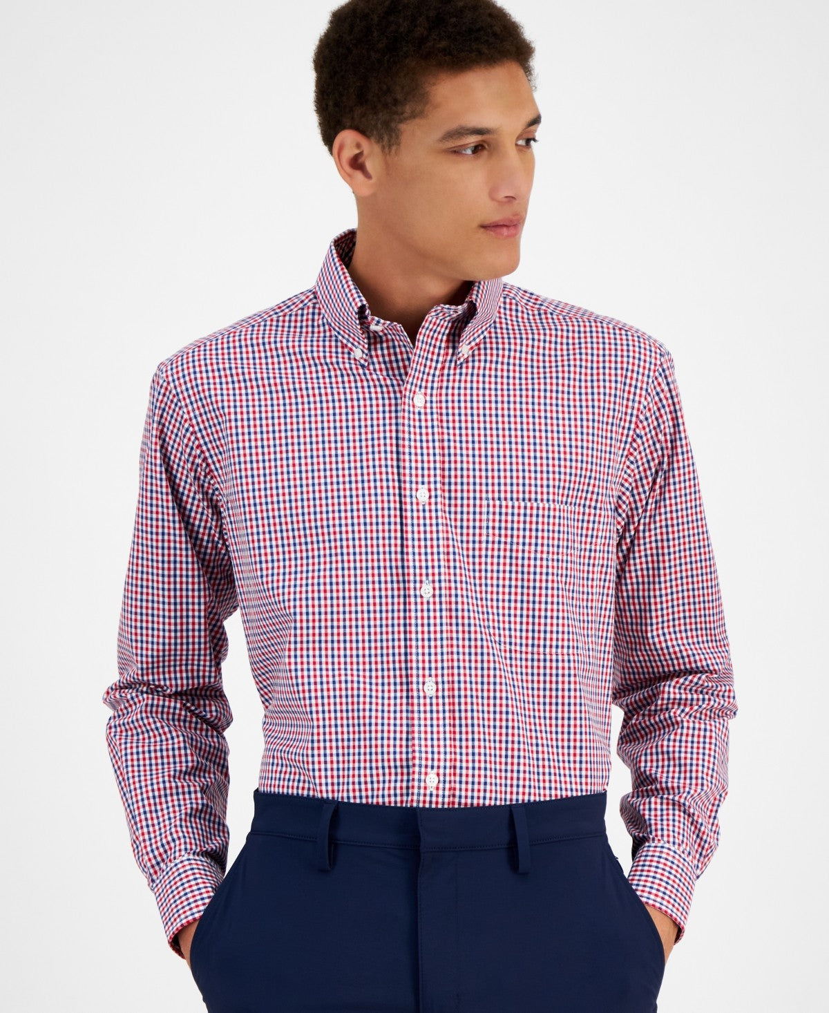 Club Room Mens Regular fit Dress Shirt Medium 15.5 in 32-33 Red Blue Check