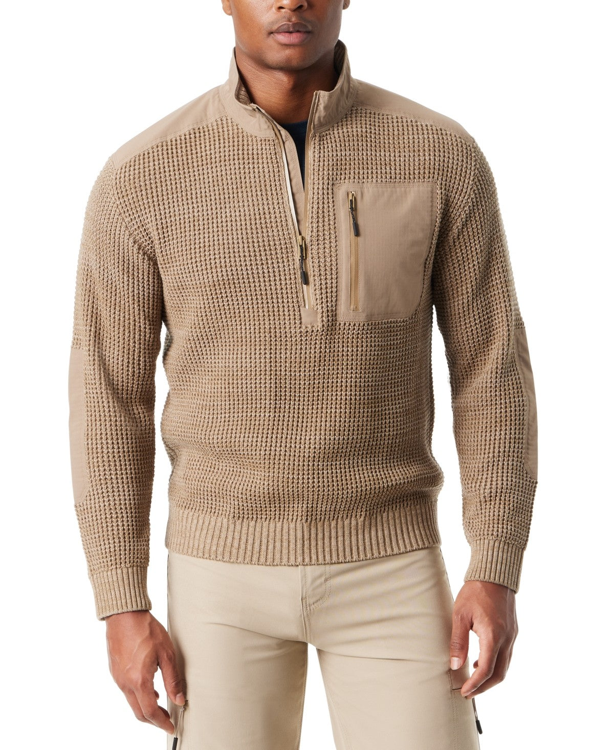 Bass Outdoor Mens Regular fit Mock Neck Quarter zip Sweater Large Beige Solid