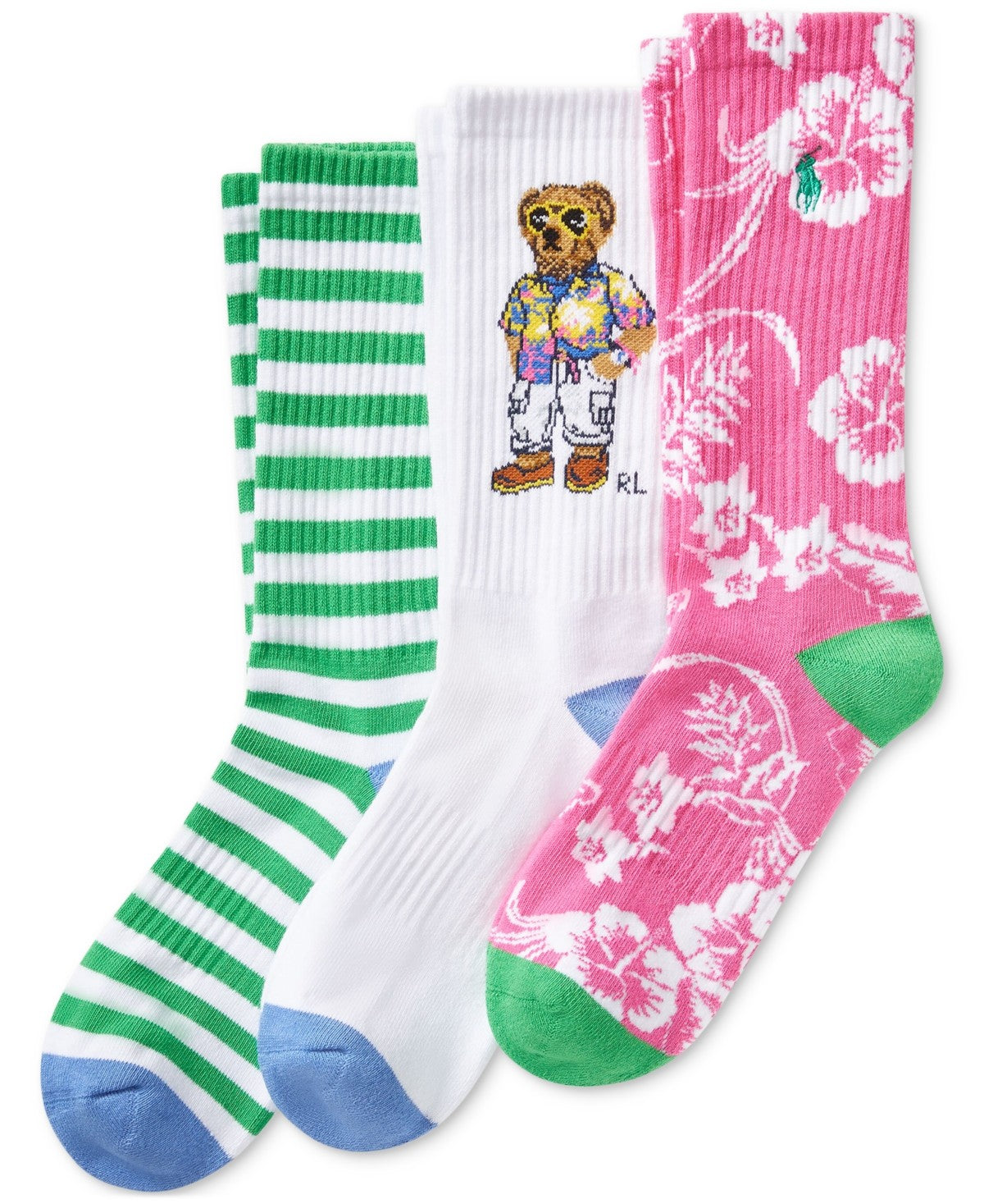 Polo Ralph Lauren Mens 3 Pack Crew Socks 10-13 Pink Green Polo Bear