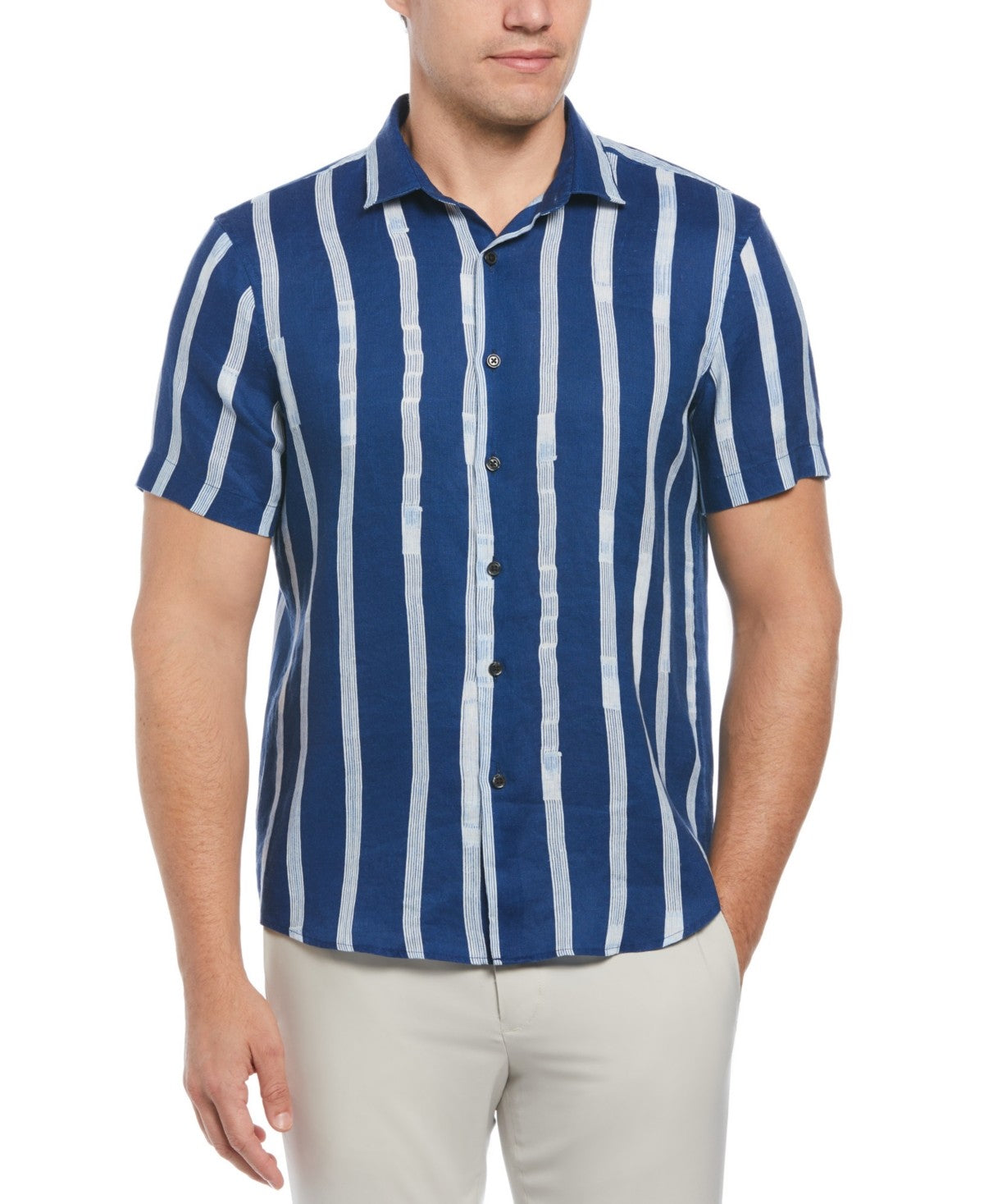 Perry Ellis Mens Regular fit Short Sleeve Button-Up Shirt Small Blue Striped