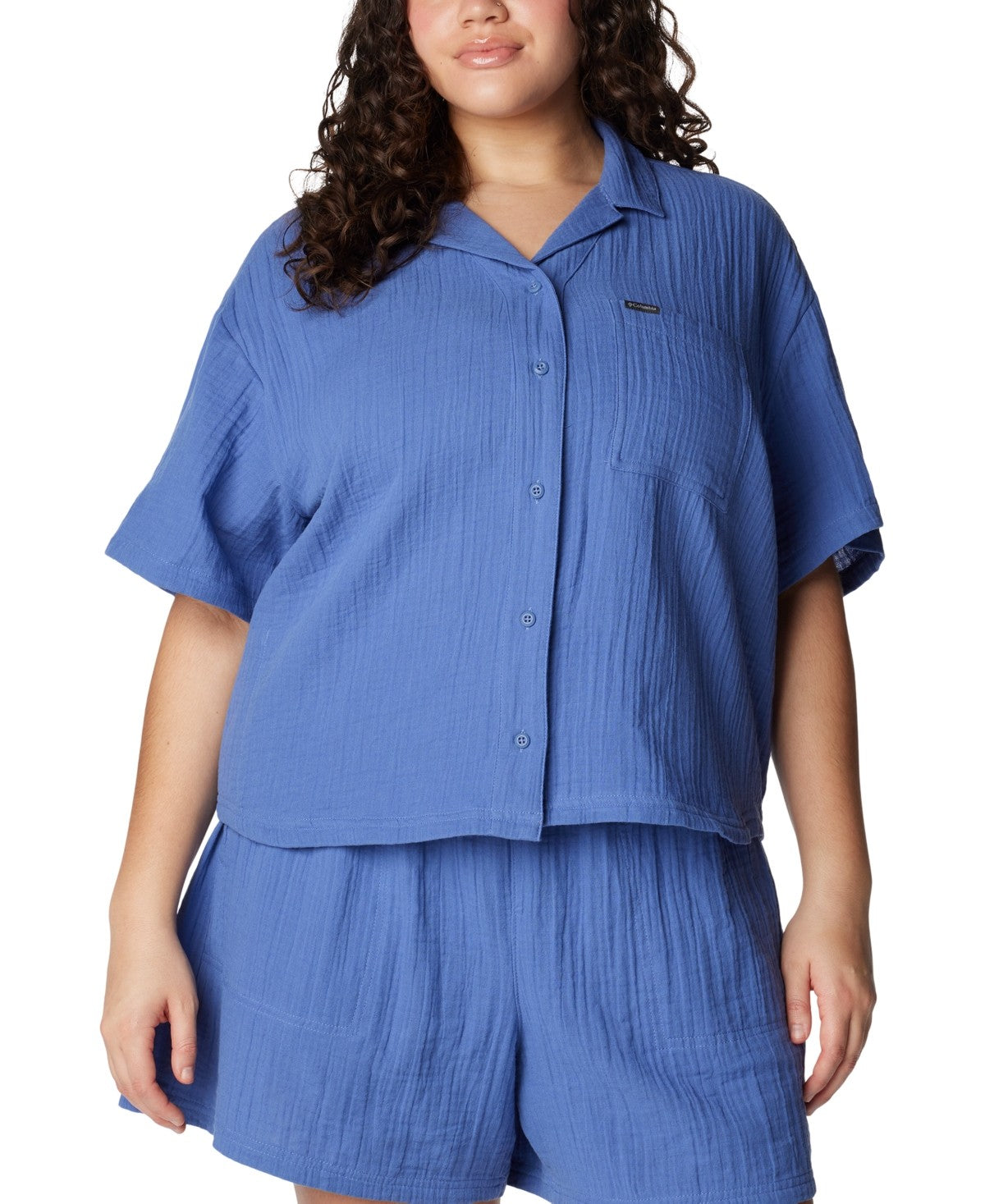 Columbia Womens Regular fit Short Sleeve Button-Up Shirt 2X Purple Solid