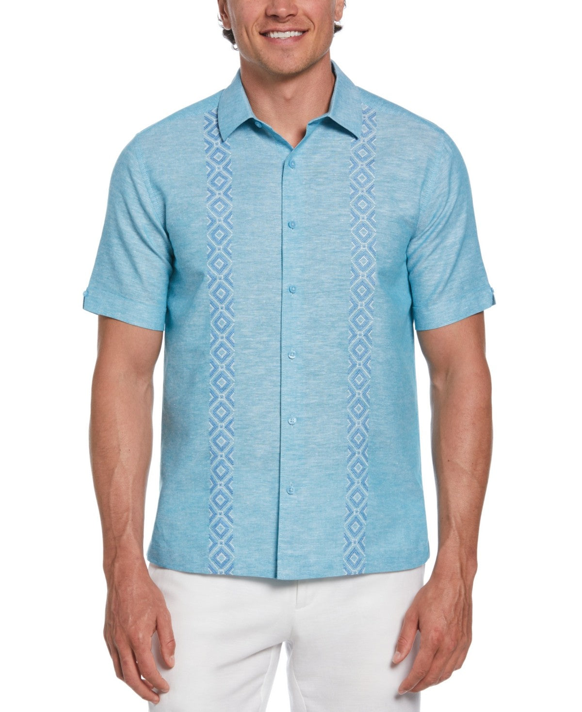 Cubavera Mens Regular fit Short Sleeve Button-Up Shirt Small Blue Solid Linen