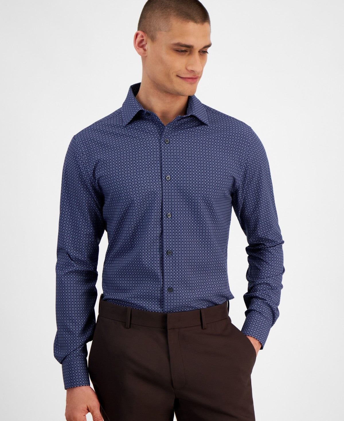 Alfani Mens Slim fit Dress Shirt Large 16-16.5 32-33 Navy Blue Geometric