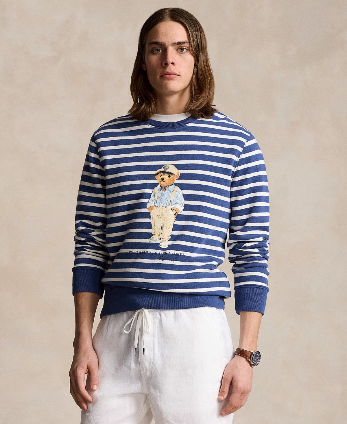 Polo Ralph Lauren Mens Polo Bear Striped Fleece Crewneck Sweater Blue White XXL