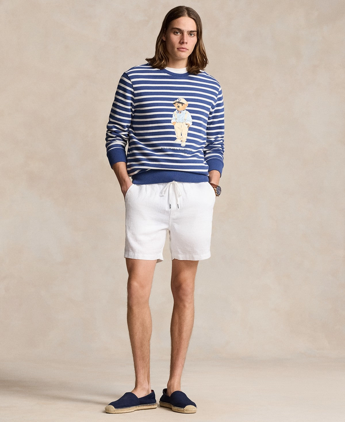 Polo Ralph Lauren Mens Polo Bear Striped Fleece Crewneck Sweater Blue White XXL