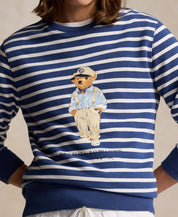 Polo Ralph Lauren Mens Polo Bear Striped Fleece Crewneck Sweater Blue White XXL