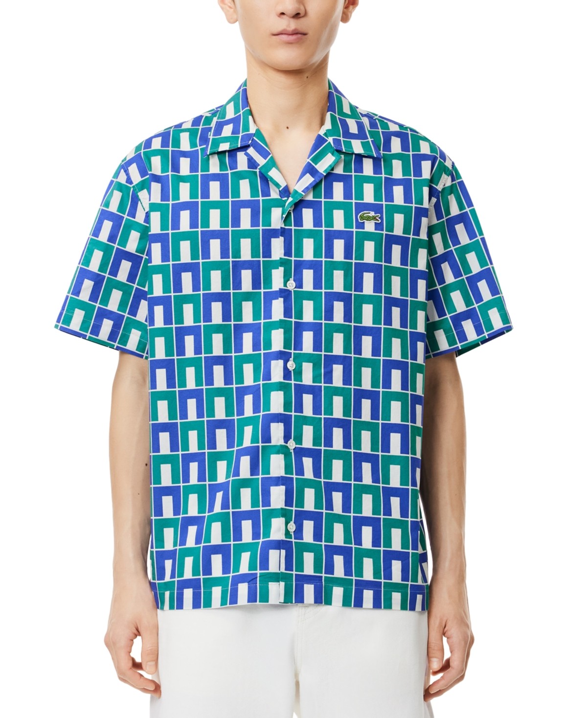 Lacoste Mens Relaxed fit Short Sleeve Button-Up Shirt Large Blue Multi Geometric
