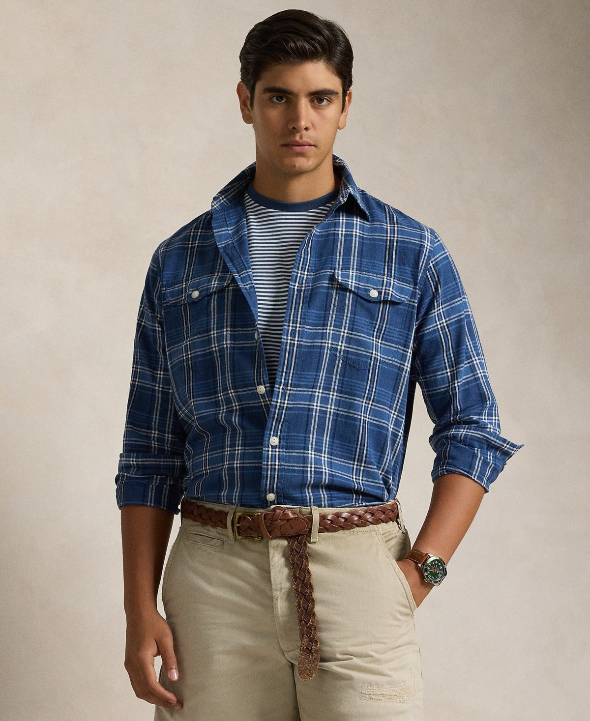 Polo Ralph Lauren Mens Classic fit Long Sleeve Button-Up Shirt Large Blue Plaid