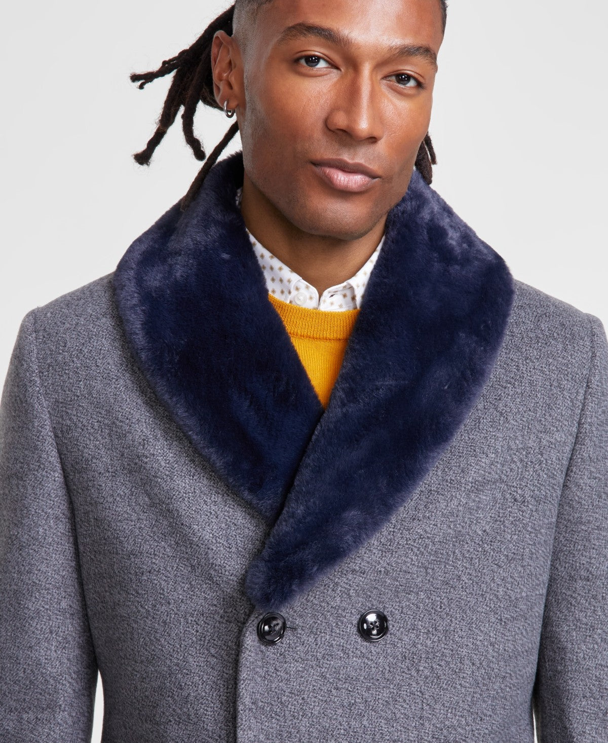 TAYION Mens Classic fit Fur Collar Overcoat Coat 42 L Grey Solid