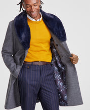 TAYION Mens Classic fit Fur Collar Overcoat Coat 42 L Grey Solid