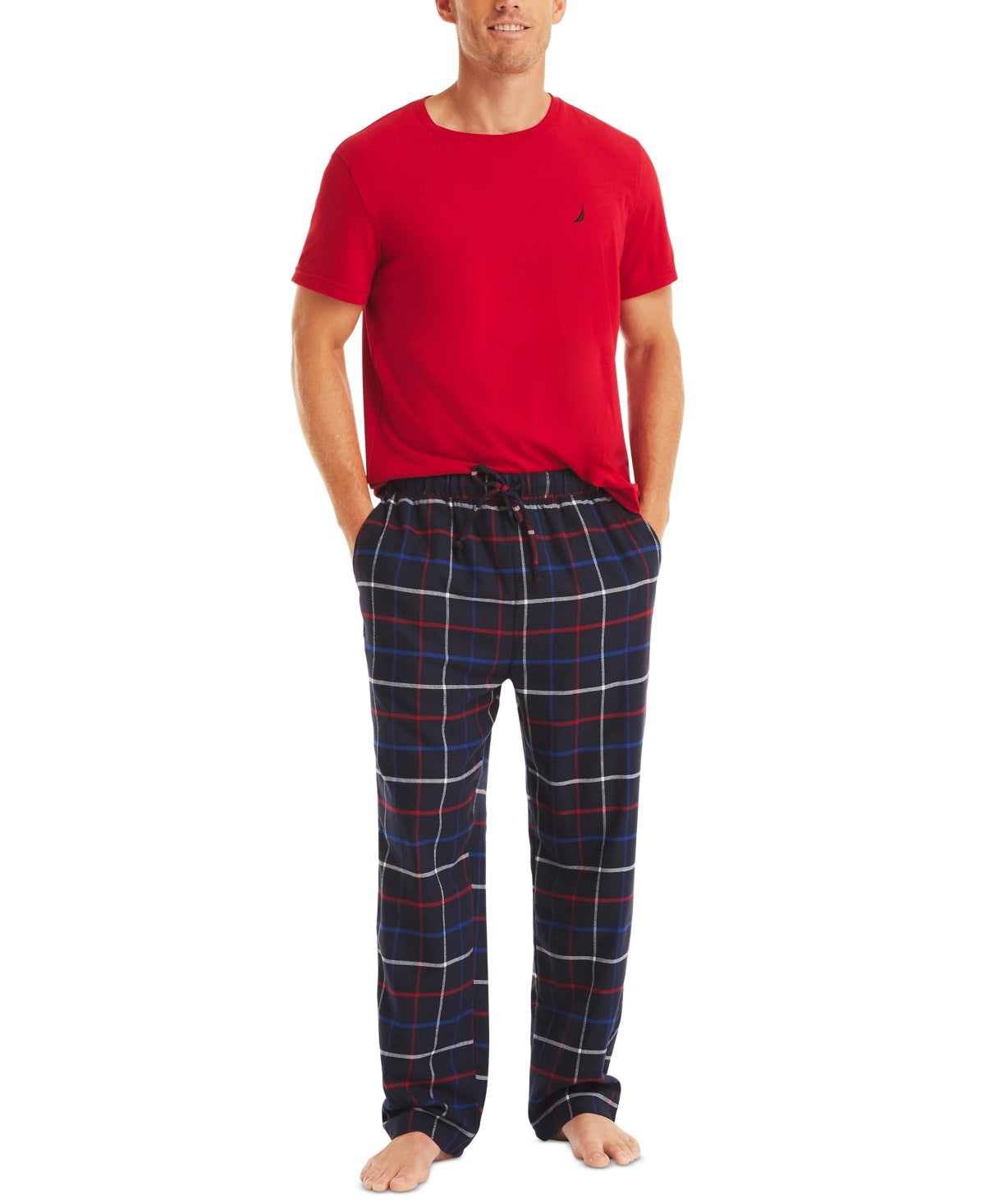 Nautica Mens 2 Piece Plaid Pajama Pants T-Shirt Set Nautica Red and Blue