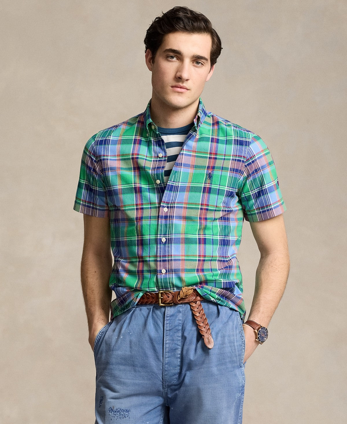 Polo Ralph Lauren Mens Classic fit Short Sleeve Button-Up Shirt Small Green Plaid