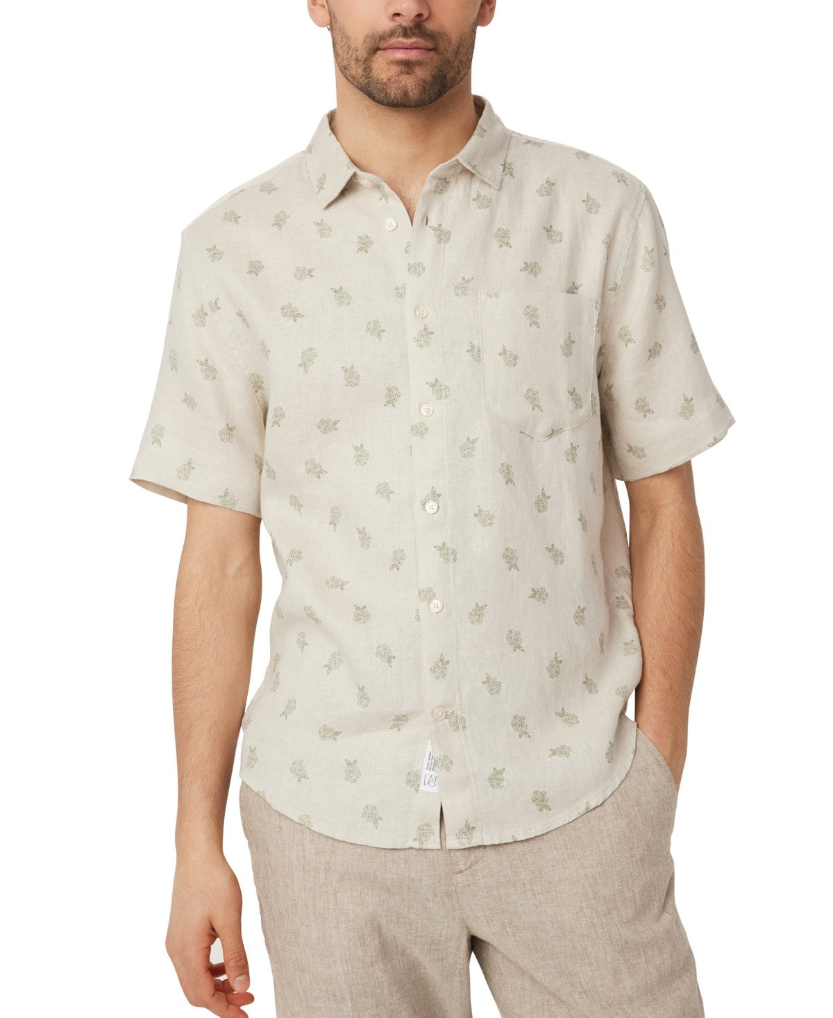 Frank And Oak Mens Slim fit Short Sleeve Button-Up Shirt Medium Beige