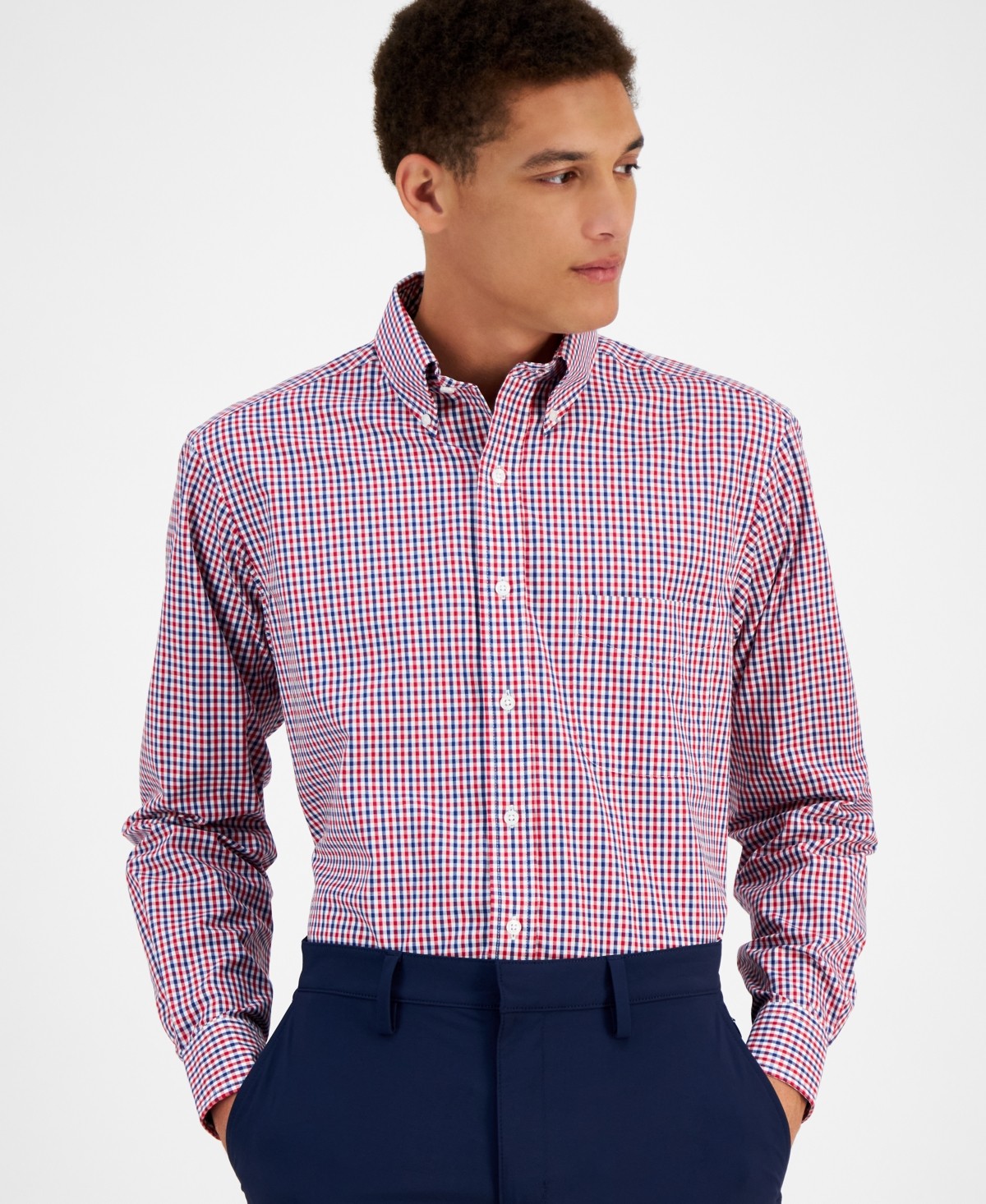Club Room Mens Regular fit Dress Shirt XXL 18 in 34-35 Red Blue Check
