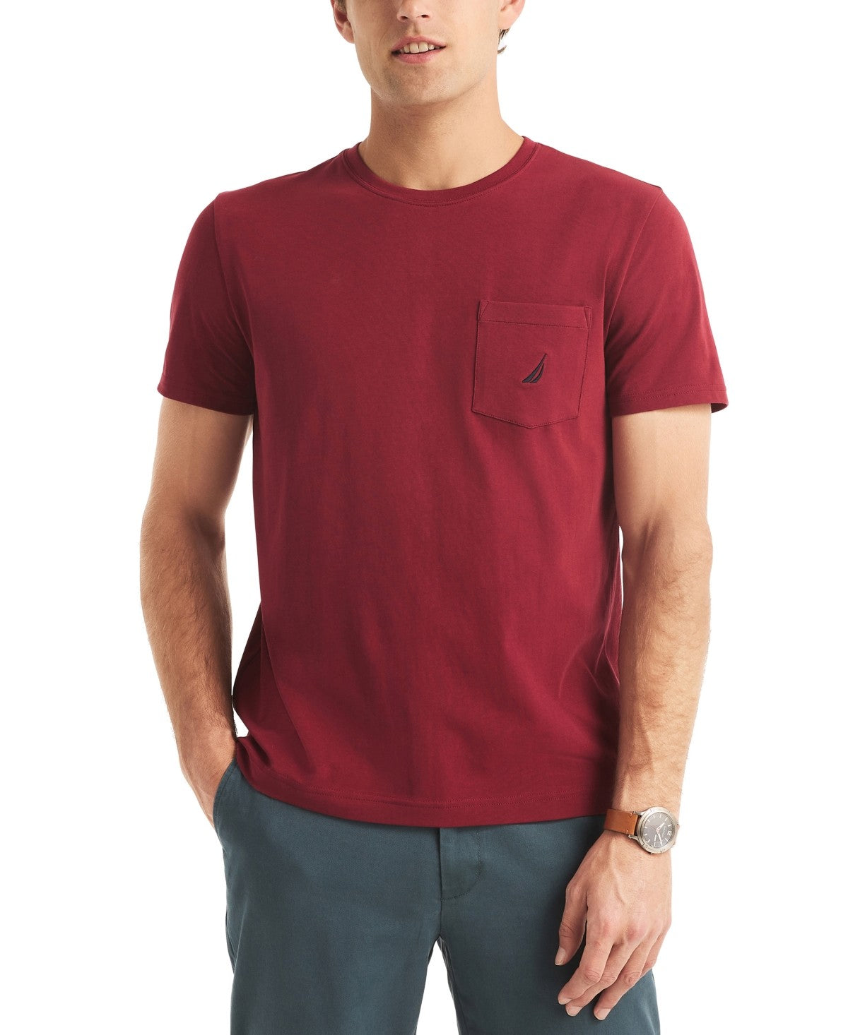 Nautica Men's Classic Fit Solid Crewneck Pocket T Shirt Red Small