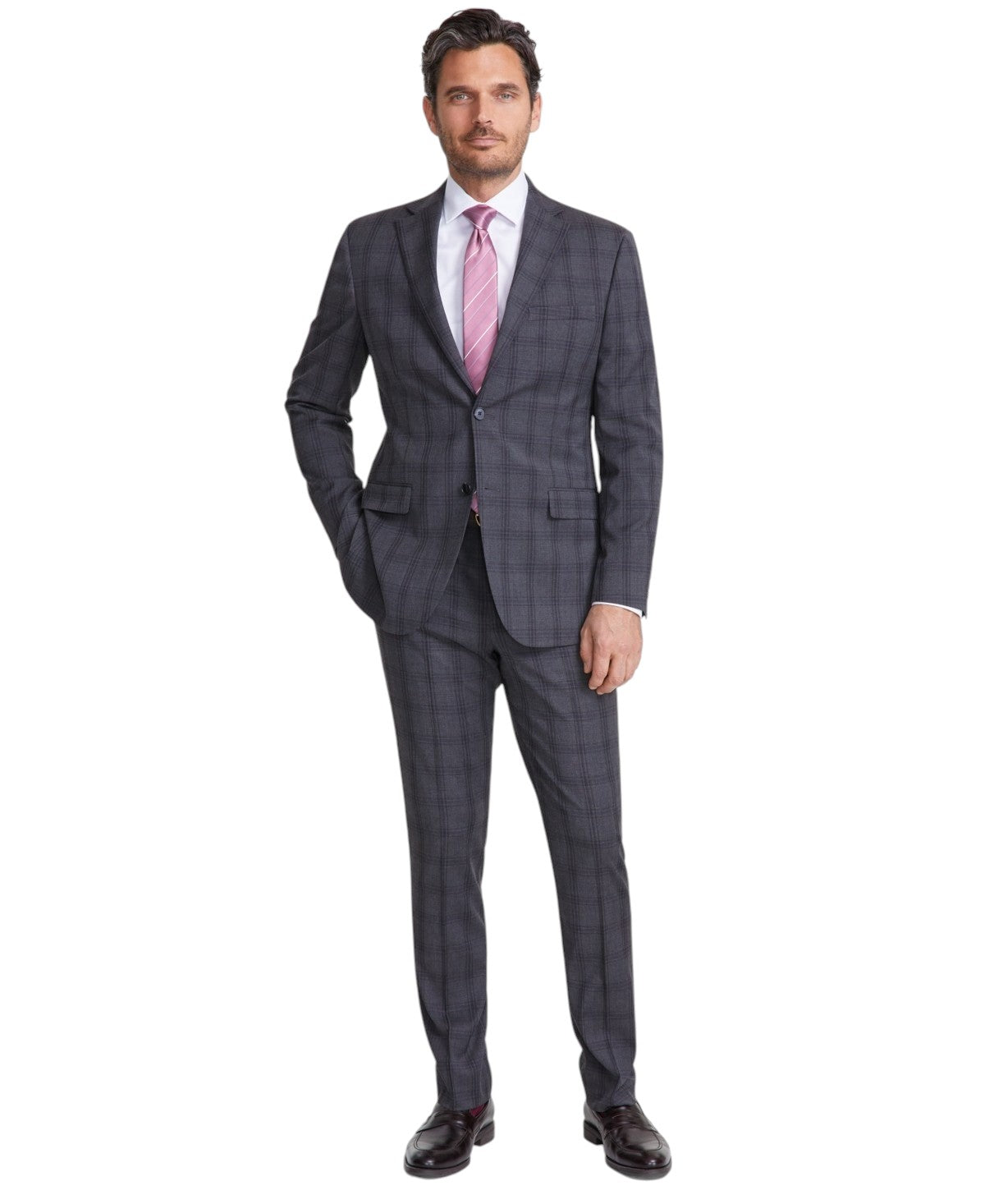 Dkny Mens Modern fit 2 Piece Suit 42 S / 35 Waist Grey Plaid Stretch