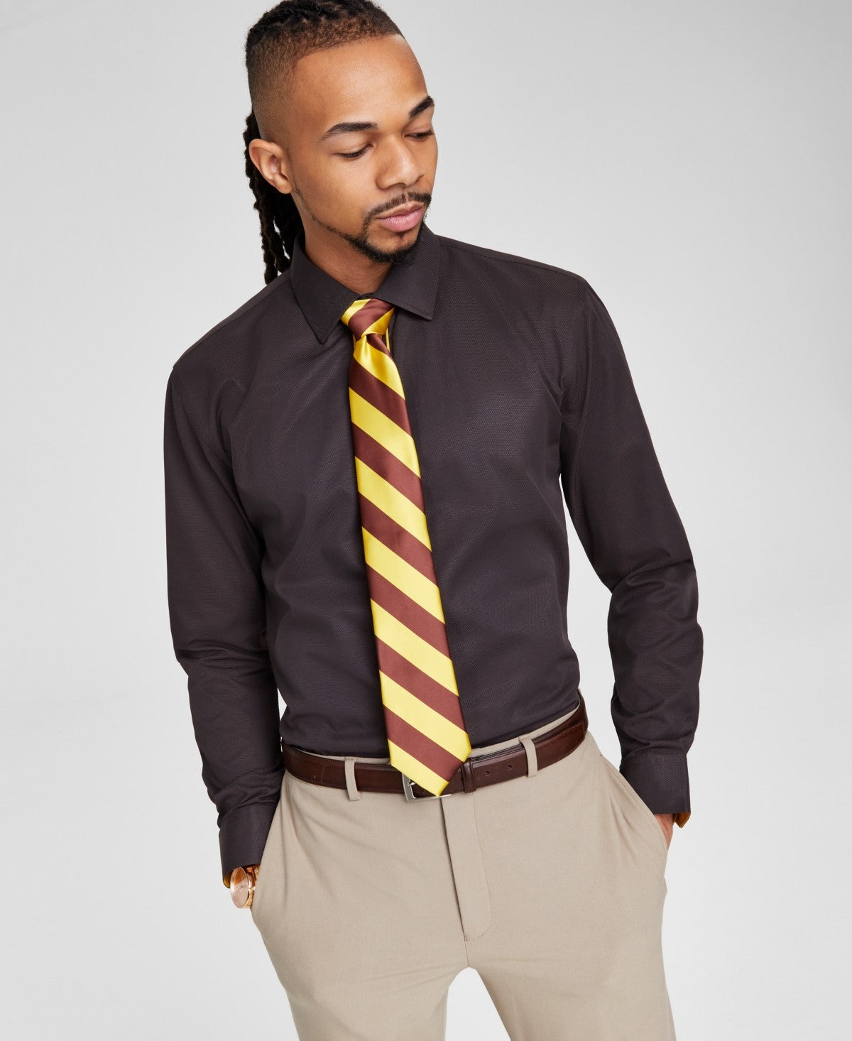 TAYION Mens Slim fit Dress Shirt XL 17-17.5 34-35 Brown Gold