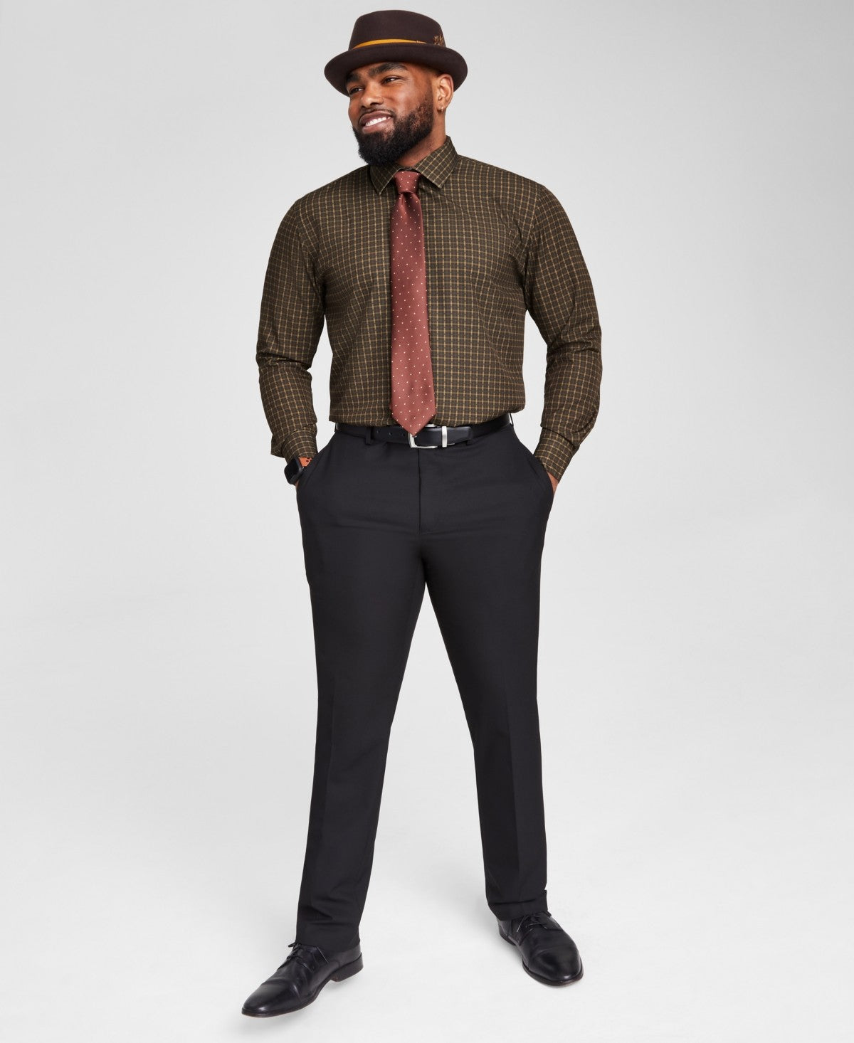 TAYION Mens Regular fit Dress Shirt Large 16-16.5 32-33 Brown Gold Plaid
