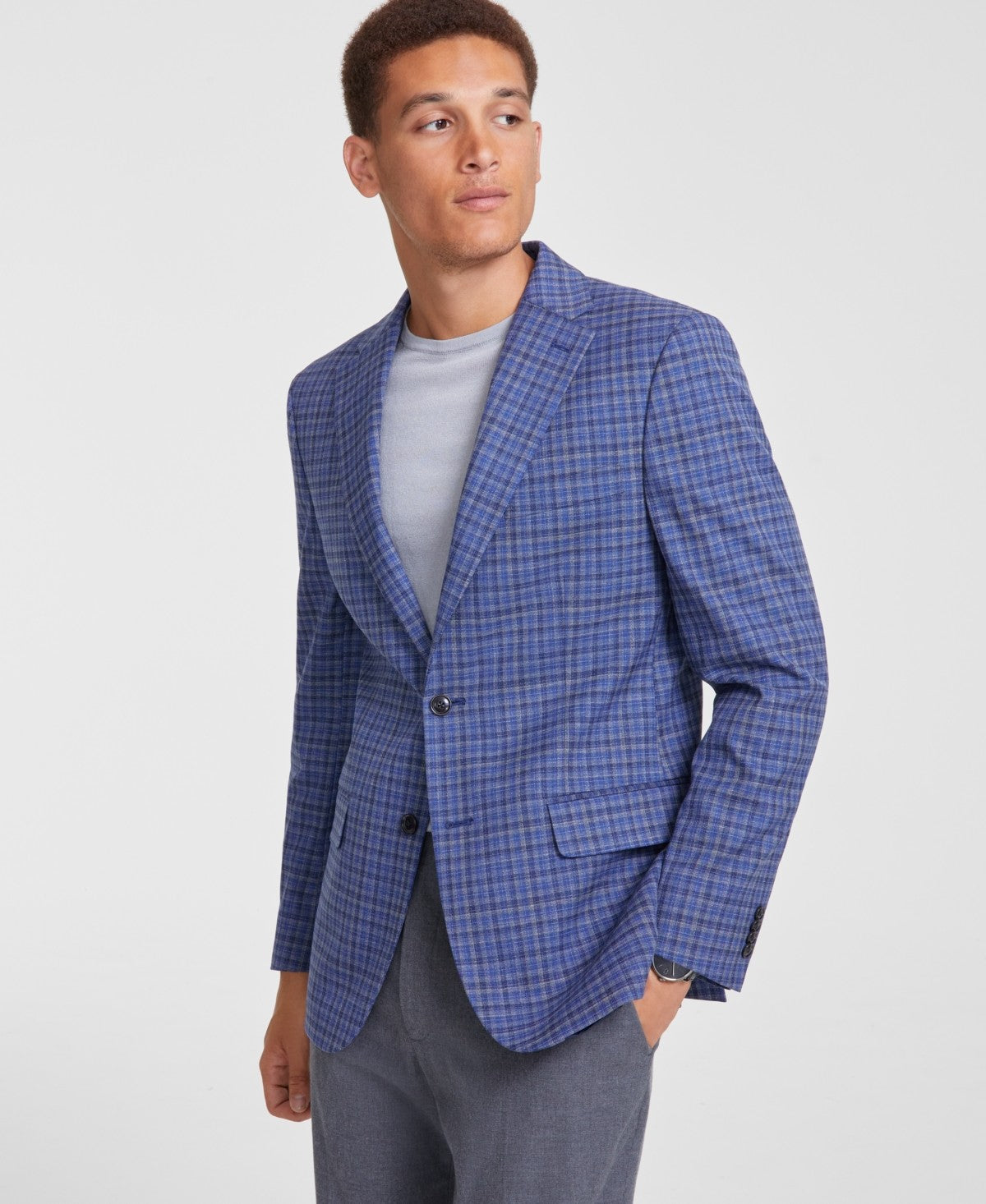 Tommy Hilfiger Mens Modern fit Sport Coat Blazer 38 R Blue Grey Plaid Stretch