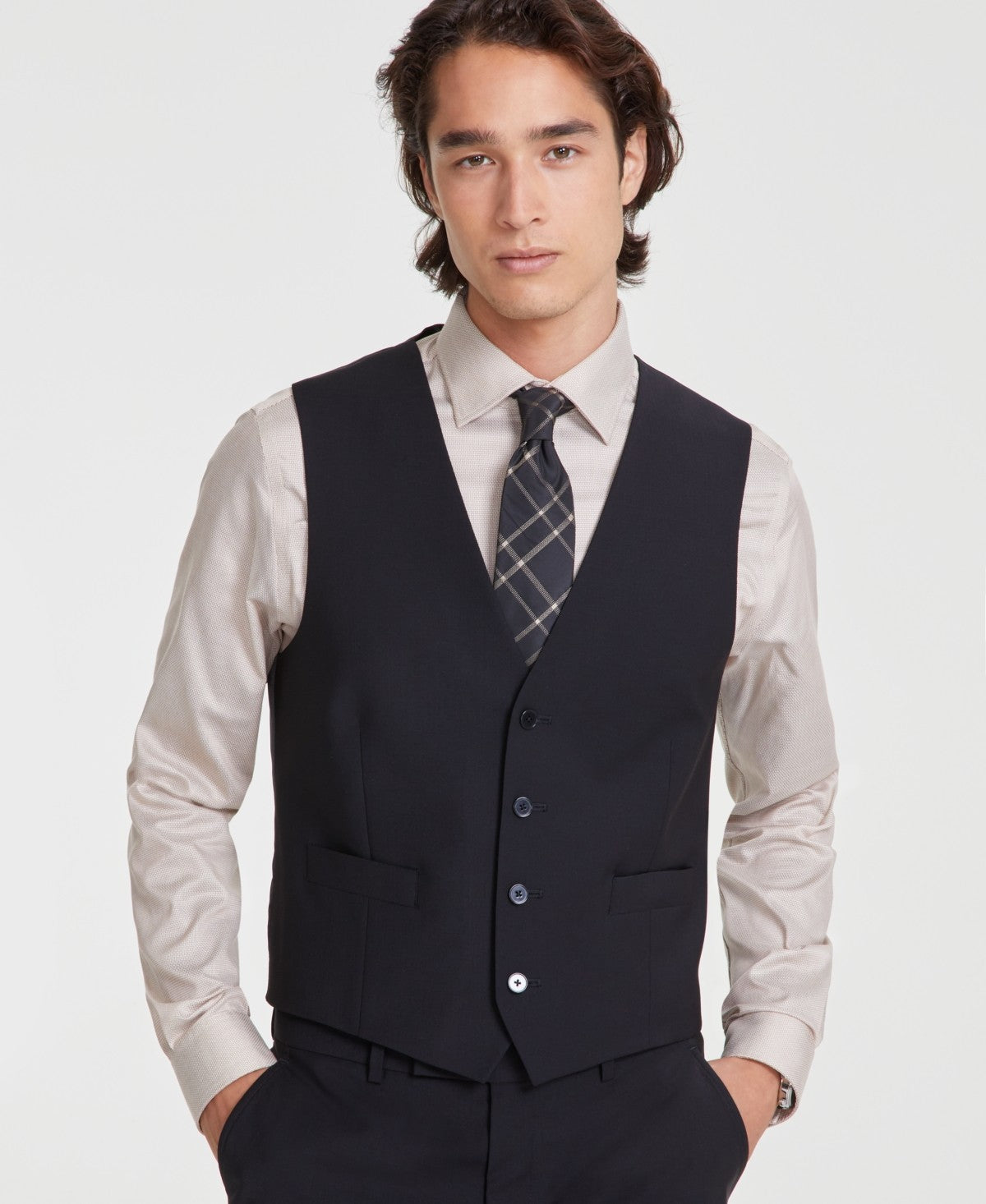 Calvin Klein Mens Slim fit Button-Up Suit Vest Medium Black Solid Stretch
