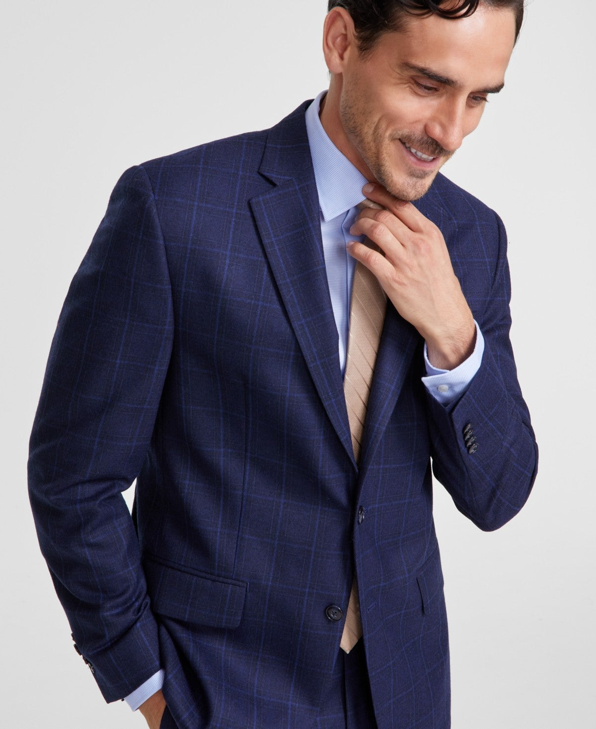 Michael Kors Mens Classic fit Suit Jacket Blazer 44 R Navy Blue Plaid Stretch