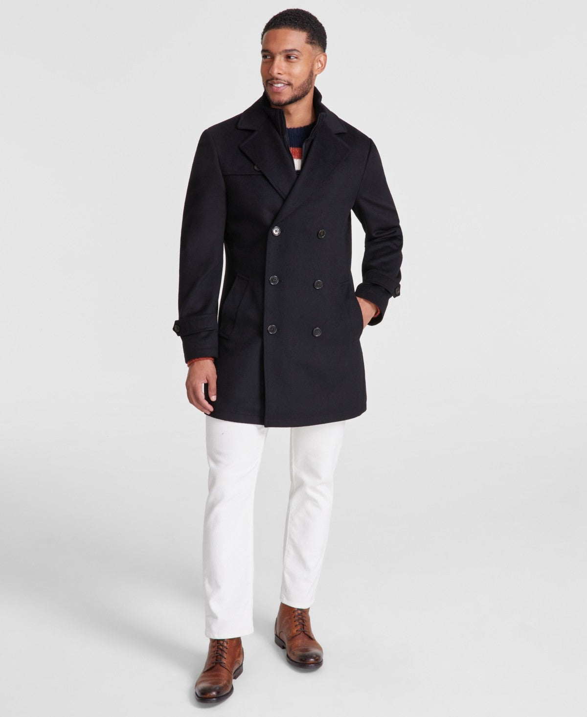 Michael Kors Mens Classic-Fit Wool Bib Double Breasted Overcoat Coat 46R Black