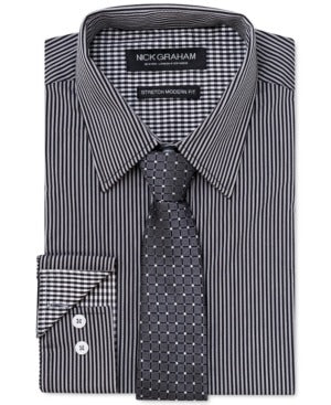 Nick Graham Men's Modern-Fit Dress Shirt & Tie Size 14.5 15 32 - 33 Black