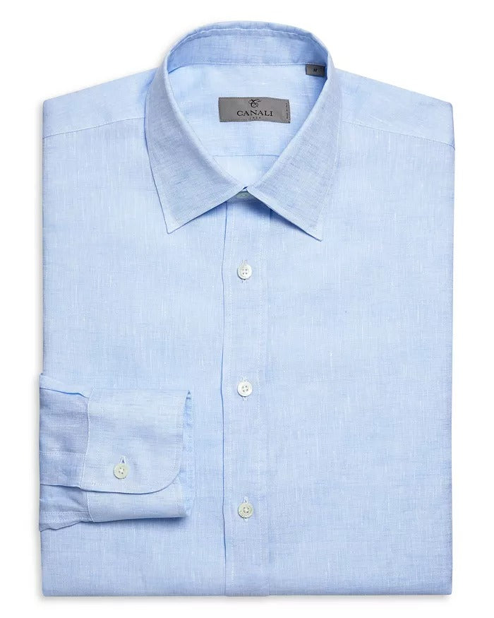 Canali Mens Modern Fit Linen Button Down Shirt Small Light Blue