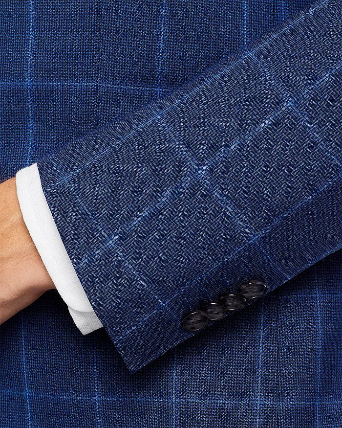 HUGO BOSS Huge 2-Pc. Slim Fit Windowpane Suit 38S / 32W Blue Plaid Flat Pant