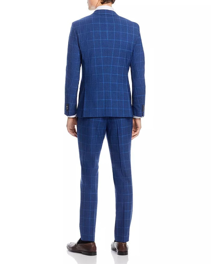 HUGO BOSS Huge 2-Pc. Slim Fit Windowpane Suit 38S / 32W Blue Plaid Flat Pant