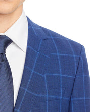HUGO BOSS Huge 2-Pc. Slim Fit Windowpane Suit 38S / 32W Blue Plaid Flat Pant